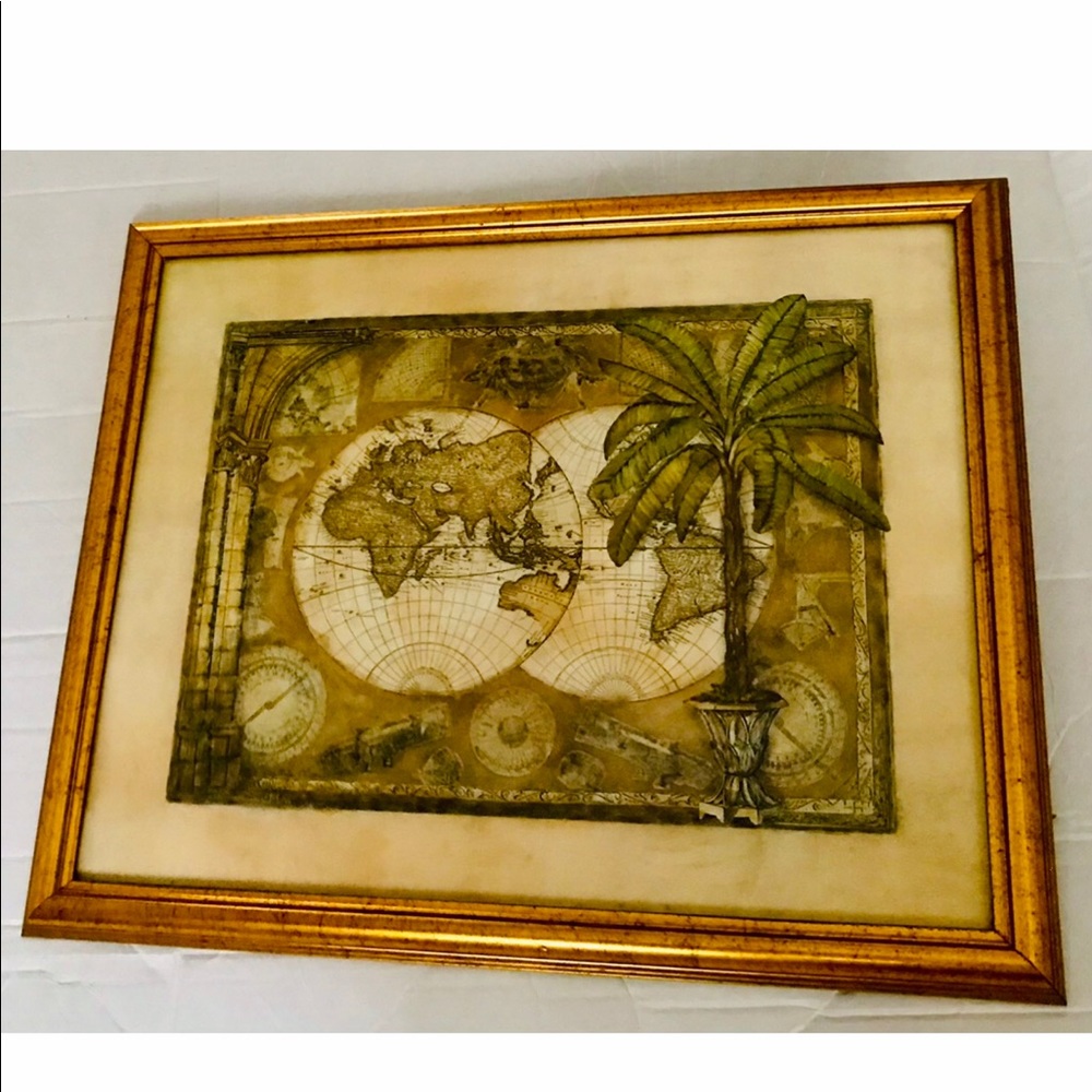 Cartography Map Print Gold Tone Frame 30” by 18”